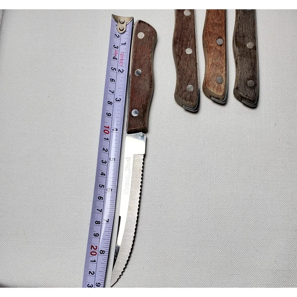 Vintage Maxam Steel Steak Knife Set 6pc Serrated Blades Japan Wood Handles